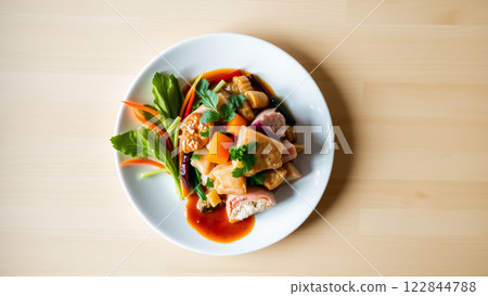 Pan-Asian food plate, top view 122844788