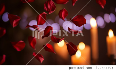 Rose petals falling down against the background of burning candles Rose petals falling down against the background of burning candles 122844793
