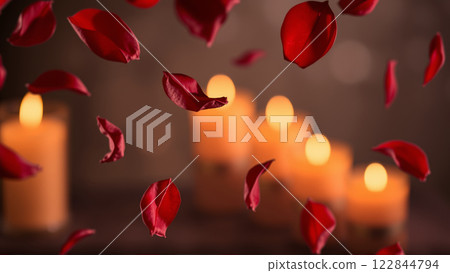 Rose petals falling down against the background of burning candles 122844794