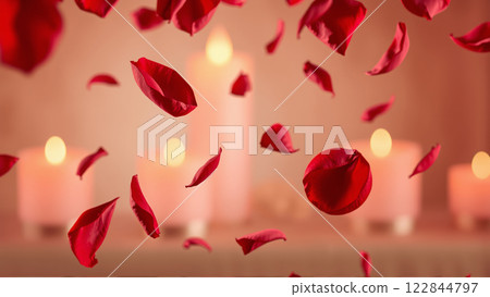 Rose petals falling down against the background of burning candles 122844797