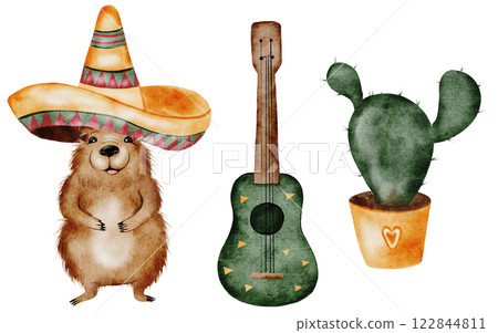 Capybara cartoon watercolor. Funny animal set i a Mexican sombrero hat, guitar and cactus. Cute water pig hand drawing on isolated white background. Clip art of a friendly guinea pig. Ideal for Capybara cartoon watercolor. Funny animal set i a Mexican sombrero hat, guitar and cactus. Cute water pig hand drawing on isolated white background. Clip art of a friendly guinea pig. Ideal for 122844811