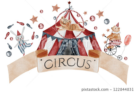 Circus watercolor banner. Hand drawn cute animal on isolated white background. Clip art of bear on bicycle, bunny and tiger cub. Perfect for cards for baby shower and birthdays 122844831