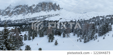 Backcountry Skier Walking in the scenic mountains in Dolomites, Panorama, italy 122844873