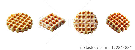 Crispy waffle slices with lattice pattern, top view, side view isolated on transparent background, PNG file. Perfect for layouts or food presentations Crispy waffle slices with lattice pattern, top view, side view isolated on transparent background, PNG file. Perfect for layouts or food presentations 122844884