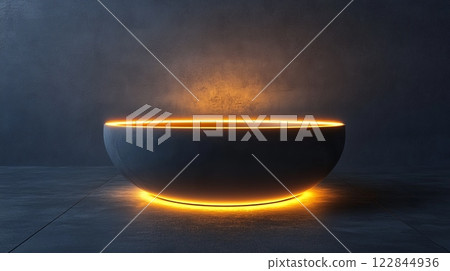 Empty futuristic glowing bowl in dark room product placement background 122844936