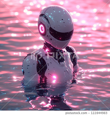 Futuristic robot emerging from pink neon water Futuristic robot emerging from pink neon water 122844983
