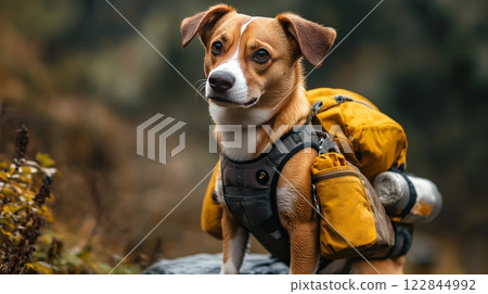 Hiking dog carrying backpack in wilderness exploring nature 122844992