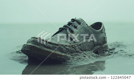 Old leather shoe sinking in mud on a misty day 122845047