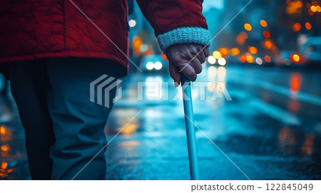 Elderly person walking with a cane on a rainy city street 122845049