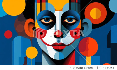 Colorful clown portrait with geometric shapes and balloons Colorful clown portrait with geometric shapes and balloons 122845063