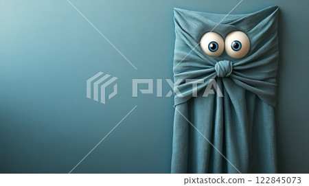 Shy blue ghost hiding behind curtain, showing only eyes, looking curious 122845073