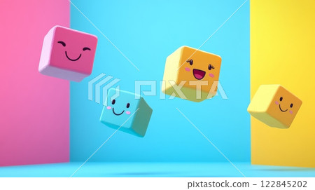 Colorful cubes showing different positive emotions floating on vivid background 122845202