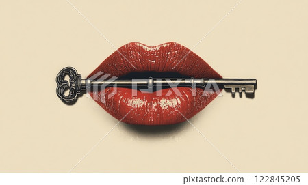 Red lips holding a vintage skeleton key 122845205