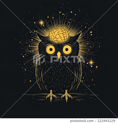 Wise owl showing intelligence with brain on its head perched on branch 122845229