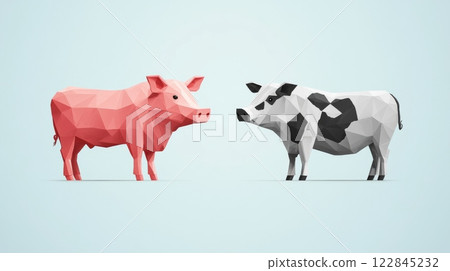 Pink pig and spotted cow facing each other in low polygonal style Pink pig and spotted cow facing each other in low polygonal style 122845232