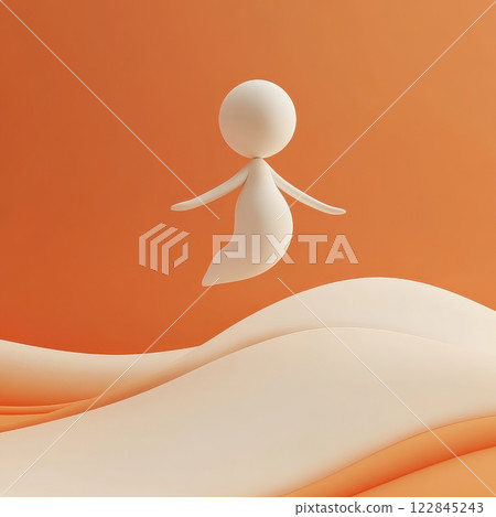 Cute ghost character floating over orange wavy landscape: halloween 3d illustration 122845243