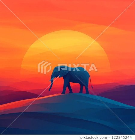 Elephant walking on a hill at sunset in a colorful polygonal landscape 122845244