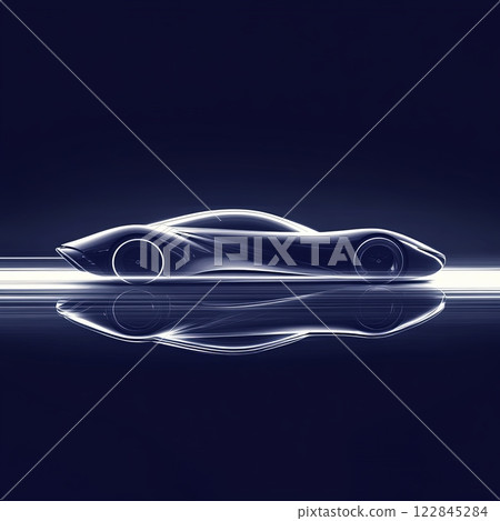 Sleek sports car with futuristic design reflecting on surface 122845284