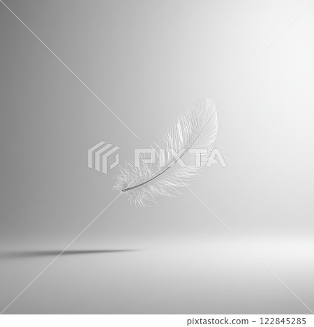 Single white feather floating on white background 122845285