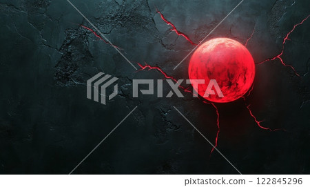 Glowing red planet emerging from dark cracked surface 122845296