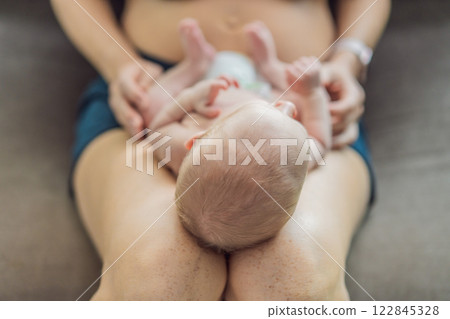 A newborn baby rests peacefully on the mother lap, feeling warmth, security, and love. A tender moment of bonding, trust, and comfort, symbolizing early childhood and the deep connection between A newborn baby rests peacefully on the mother lap, feeling warmth, security, and love. A tender moment of bonding, trust, and comfort, symbolizing early childhood and the deep connection between 122845328