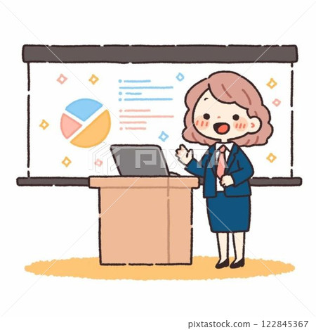 Illustration of a woman giving a presentation, simple, material, business 122845367