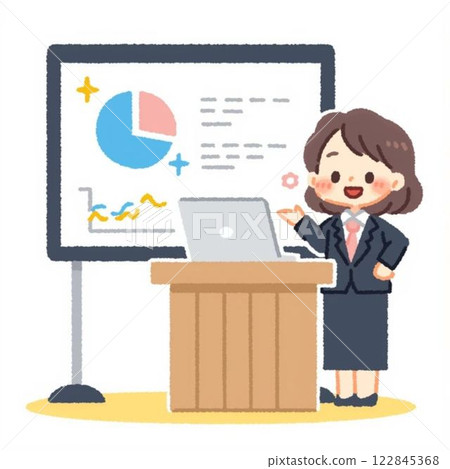 Illustration, material, icon, business of a woman giving a presentation 122845368