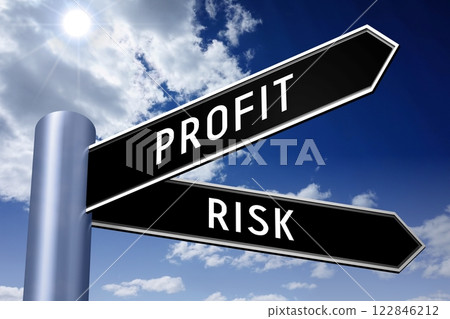 Profit and risk - crossroads sign with two arrows - 3D illustration Profit and risk - crossroads sign with two arrows - 3D illustration 122846212