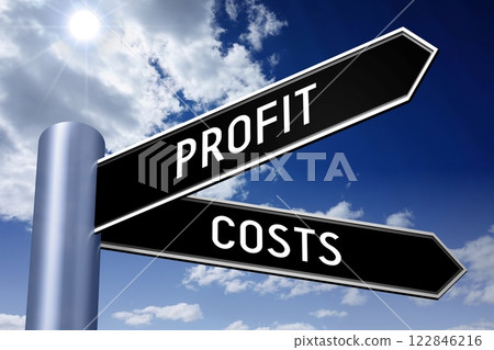 Profit and costs - crossroads sign with two arrows - 3D illustration 122846216