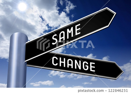 Same or change - crossroads sign with two arrows - 3D illustration 122846231