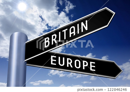 Britain, Europe - crossroads sign with two arrows - 3D illustration Britain, Europe - crossroads sign with two arrows - 3D illustration 122846246