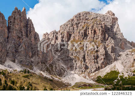 Majestic mountain range with rocky peaks and lush valley beneath blue sky near Valley of Funes at Dolomites, Italy Majestic mountain range with rocky peaks and lush valley beneath blue sky near Valley of Funes at Dolomites, Italy 122846323