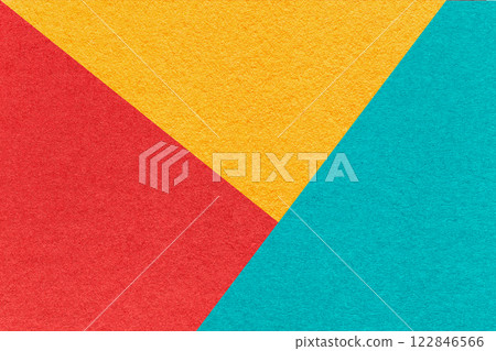 Texture craft red, yellow and blue paper background, macro. Structure vintage abstract turquoise cardboard 122846566
