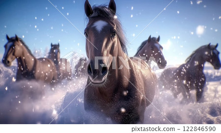 Majestic Wild Horses Galloping Through Fresh Snowfall in a Winter Wilderness Under an Icy Blue Sky Majestic Wild Horses Galloping Through Fresh Snowfall in a Winter Wilderness Under an Icy Blue Sky 122846590