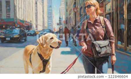 Confident Blind Woman Navigating Vibrant City Street with Guide Dog in Lively Urban Environment 122846604