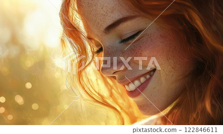 Smiling Freckled Redhead Bathed in Golden Sunlight Evoking Warm Nostalgia and Vibrant Natural Beauty Smiling Freckled Redhead Bathed in Golden Sunlight Evoking Warm Nostalgia and Vibrant Natural Beauty 122846611