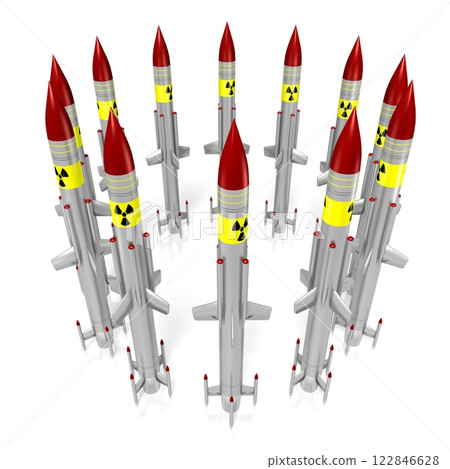 Nuclear missiles standing in circle on white background Nuclear missiles standing in circle on white background 122846628