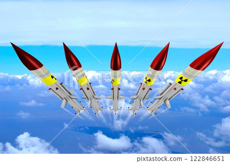 Flying nuclear missiles and sky in background 122846651