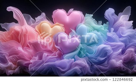 Colorful fabric hearts on flowing float among soft, flowing pastel fabrics on dark background. Ideal for love, wedding, and Valentine's Day themes 122846692