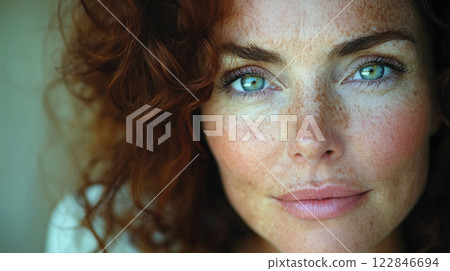 Close-up of young caucasian woman with curly red hair and freckles. Close-up of young caucasian woman with curly red hair and freckles. 122846694