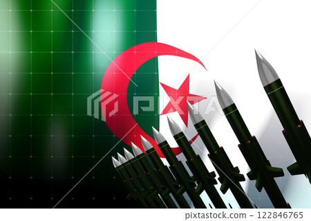 Cruise missiles, flag of Algeria in background - defense concept - 3D illustration Cruise missiles, flag of Algeria in background - defense concept - 3D illustration 122846765