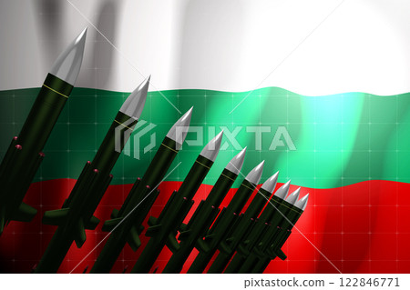 Cruise missiles, flag of Bulgaria in background - defense concept - 3D illustration Cruise missiles, flag of Bulgaria in background - defense concept - 3D illustration 122846771