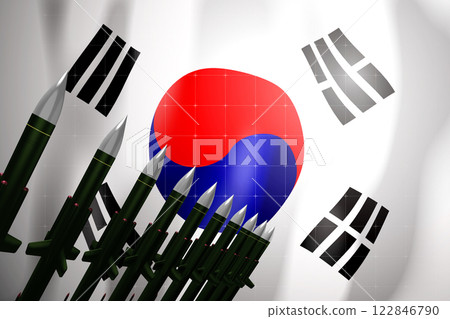 Cruise missiles, flag of South Korea in background - defense concept - 3D illustration Cruise missiles, flag of South Korea in background - defense concept - 3D illustration 122846790