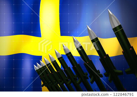 Cruise missiles, flag of Sweden in background - defense concept - 3D illustration Cruise missiles, flag of Sweden in background - defense concept - 3D illustration 122846791