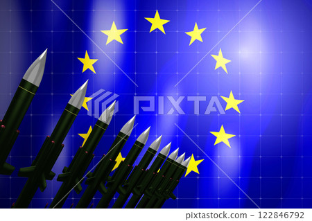 Cruise missiles, flag of European Union in background - defense concept - 3D illustration Cruise missiles, flag of European Union in background - defense concept - 3D illustration 122846792