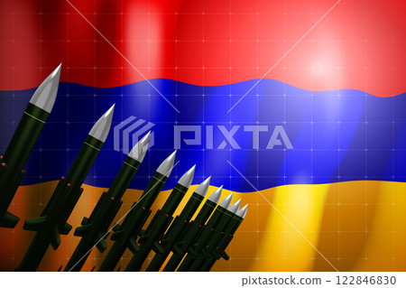 Cruise missiles, flag of Armenia in background - defense concept - 3D illustration Cruise missiles, flag of Armenia in background - defense concept - 3D illustration 122846830