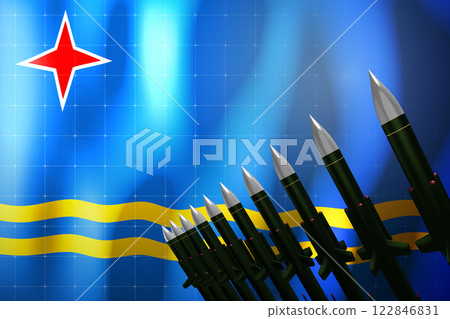 Cruise missiles, flag of Aruba in background - defense concept - 3D illustration 122846831