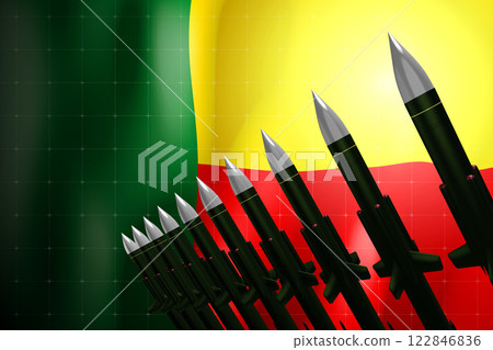 Cruise missiles, flag of Benin in background - defense concept - 3D illustration Cruise missiles, flag of Benin in background - defense concept - 3D illustration 122846836
