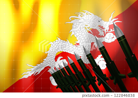 Cruise missiles, flag of Bhutan in background - defense concept - 3D illustration Cruise missiles, flag of Bhutan in background - defense concept - 3D illustration 122846838