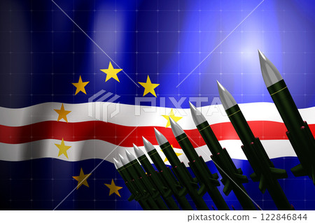 Cruise missiles, flag of Cape Verde in background - defense concept - 3D illustration Cruise missiles, flag of Cape Verde in background - defense concept - 3D illustration 122846844